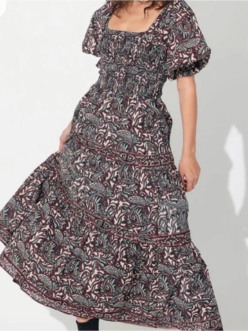 Smocked Maxi Dress in Tan/ Burgundy Floral Print